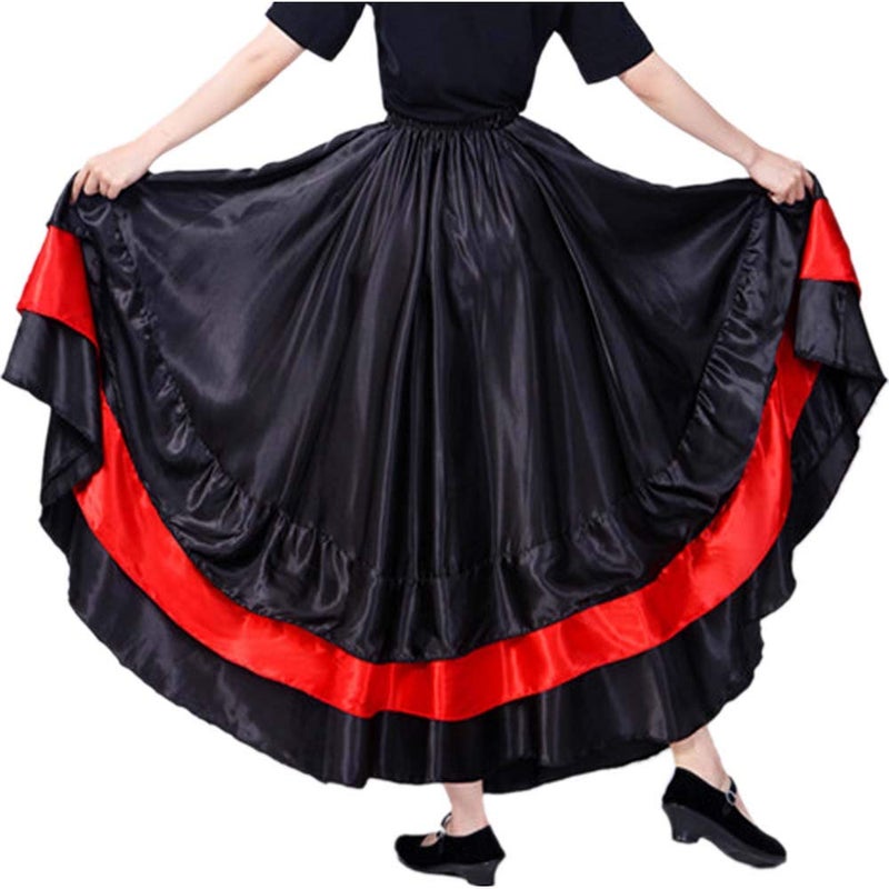 BACKGARDEN Women Black Red Layers Satin Long Skirt for Spanish Flamenco Belly Dance Mexico Ballet Folklorico Performance - Image 1